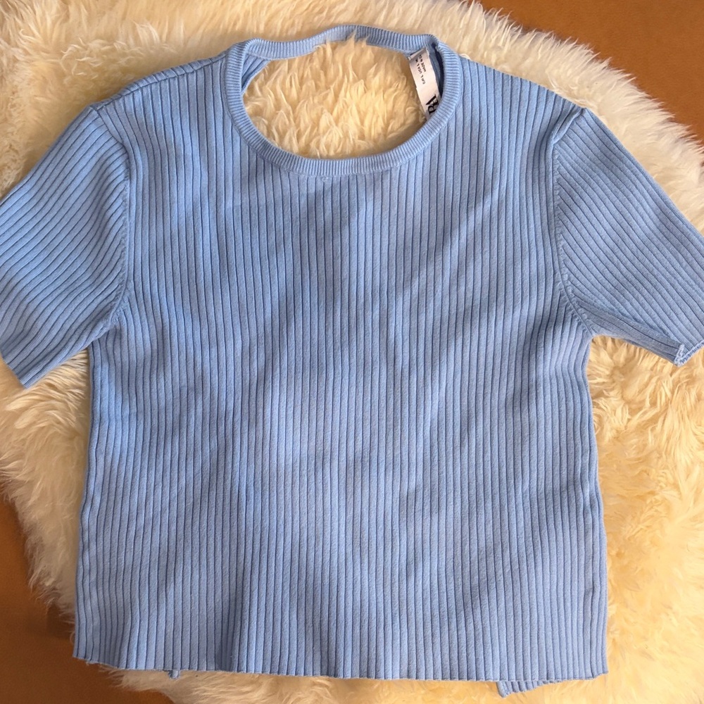 Zara Blue Ribbed Short-Sleeve Top